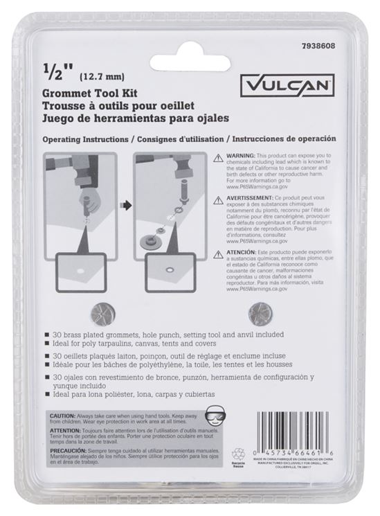 Vulcan JL-VT15988 Grommet Tool Kit, 30-Piece, Brass/Steel, Brass/Silver, Brass/Zinc Plated - VORG7938608