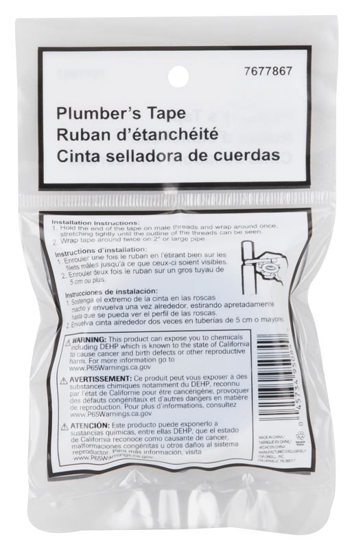 ProSource PMB-445 Plumber's Tape, 300 in L, 1/2 in W, PTFE, White - VORG7677867