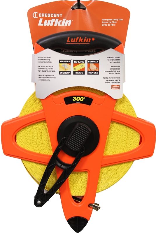 Crescent Lufkin FE300 Tape Measure, 300 ft L Blade, 1/2 in W Blade, Fiberglass Blade, ABS Case, Orange Case - VORG6722722