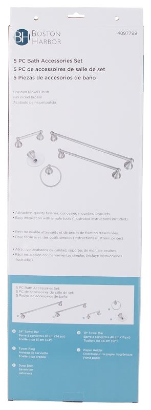 Boston Harbor L5000-BN Bath Accessory Set, Brushed Nickel, Brushed Nickel, 5-Piece, For: Bathroom - VORG4897799