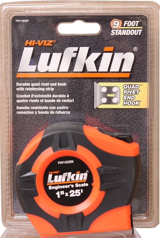 Crescent Lufkin PHV1425DN Tape Measure, 25 ft L Blade, 1 in W Blade, Steel Blade, ABS Case, Orange Case - VORG5040613