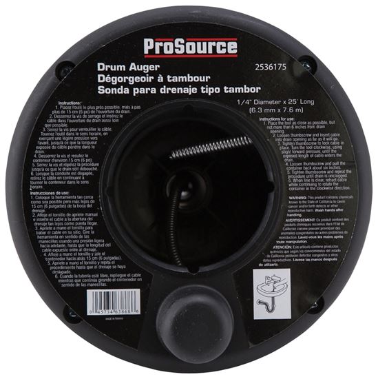 ProSource DA00003-25 Drum Auger, 1/4 in Dia Cable, 25 ft L Cable - VORG2536175