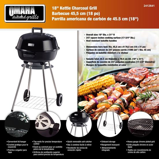 Omaha KY220188 Charcoal Kettle Grill, 2-Grate, 247 sq-in Primary Cooking Surface, Black, Steel Body - VORG2412641