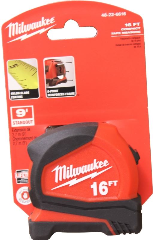 Milwaukee 48-22-6616 Tape Measure, 16 ft L Blade, 1.6 in W Blade, Steel Blade, ABS Case, Black/Red Case - VORG1383470