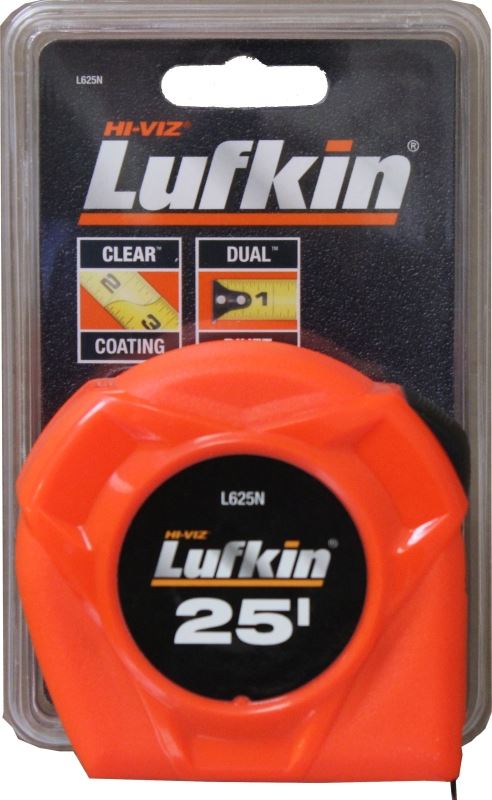 Crescent Lufkin L625 Tape Measure, 25 ft L Blade, 1 in W Blade, Steel Blade, ABS Case, Orange Case - VORG1192996