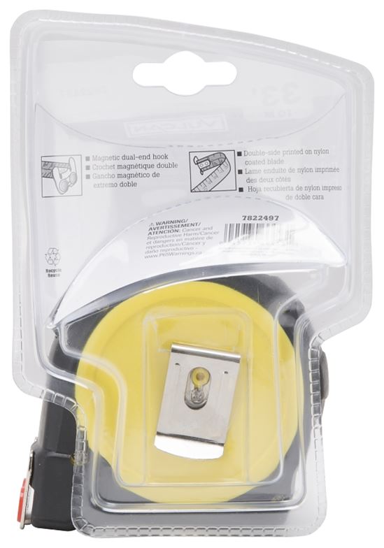 Vulcan 58-10X25-A Tape Measure, 33 ft L Blade, 1 in W Blade, Steel Blade, ABS Plastic Case, Yellow Case - VORG7822497