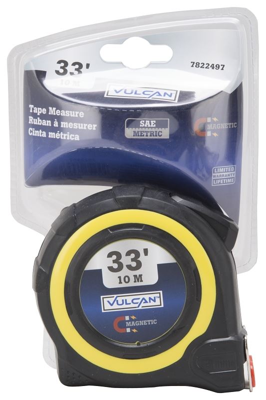 Vulcan 58-10X25-A Tape Measure, 33 ft L Blade, 1 in W Blade, Steel Blade, ABS Plastic Case, Yellow Case - VORG7822497