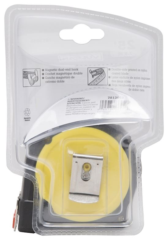 Vulcan 58-7.5X25-A Tape Measure, 25 ft L Blade, 1 in W Blade, Steel Blade, ABS Plastic Case, Yellow Case - VORG7813058