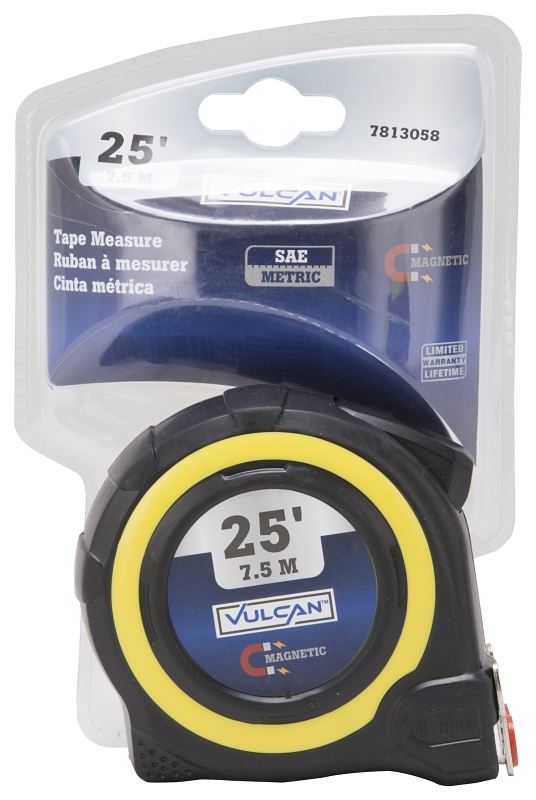 Vulcan 58-7.5X25-A Tape Measure, 25 ft L Blade, 1 in W Blade, Steel Blade, ABS Plastic Case, Yellow Case - VORG7813058