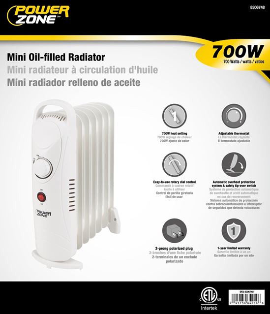 PowerZone CYPB-7 Mini Oil Filled Heater, 5.8 A, 120 V, 700 W Heating, 1-Heating Stage, White - VORG8306748