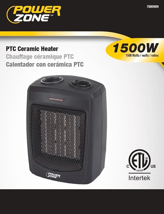 PowerZone PTC-700 Portable Electric Heater, 12.5 A, 120 V, 1500 W, 1500W Heating, 2 -Heat Setting, Black - VORG7880909