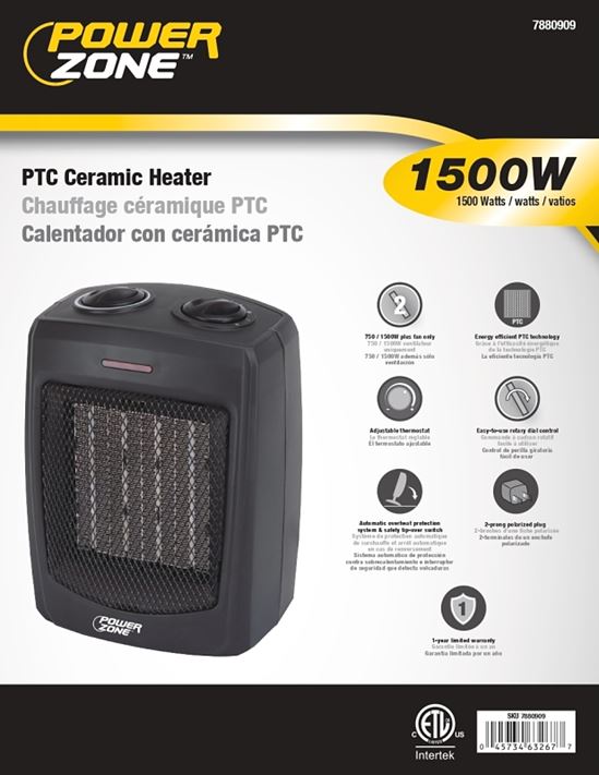 PowerZone PTC-700 Portable Electric Heater, 12.5 A, 120 V, 1500 W, 1500W Heating, 2 -Heat Setting, Black - VORG7880909