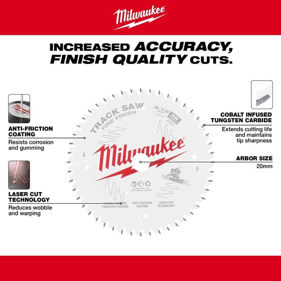 Milwaukee 48-40-0627 Track Saw Blade, 6-1/2 in Dia, 20 mm Arbor, 48-Teeth, Tungsten Carbide Cutting Edge - VORG8350696