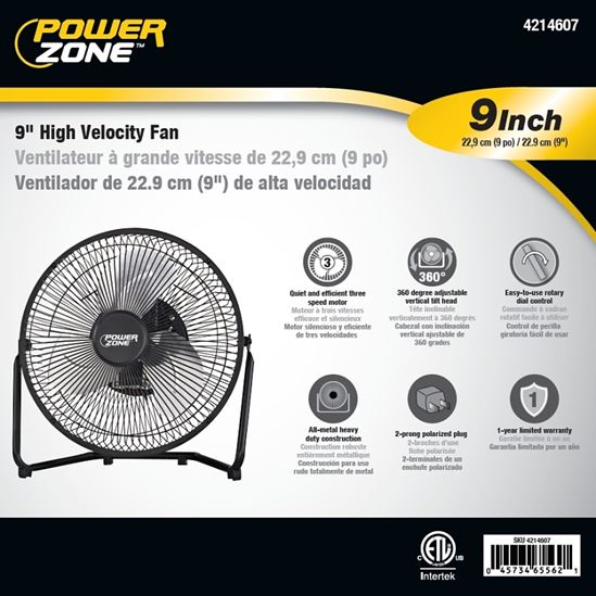 PowerZone VF-9N High-Velocity Fan, 120 VAC, 9 in Dia Blade, 3-Blade, 3-Speed, 180 deg Rotating, Black - VORG4214607