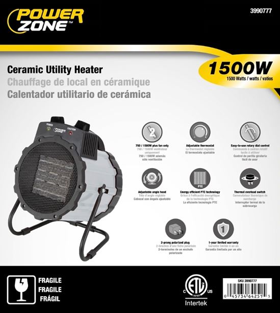 PowerZone BNT-15B2 Ceramic Utility Heater, 12.5 A, 120 V, 750/1500 W, 2-Heat Setting, Grey - VORG3990777