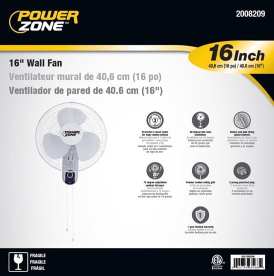 PowerZone HF-40W Wall-Mount Fan, 120 V, 16 in Dia Blade, 3-Blade, 3-Speed, White - VORG2008209