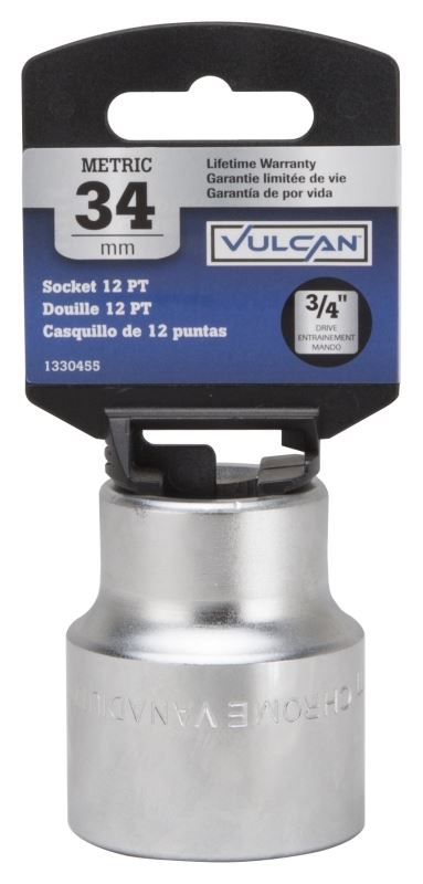 Vulcan MT-SM6034 Drive Socket, 34 mm Socket, 3/4 in Drive, 12-Point, Chrome Vanadium Steel, Chrome - VORG1330455