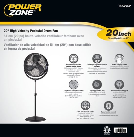 PowerZone FES50-T2 Pedestal Fan with Drum/Stand, 120 V, 1.25 A, 20 in Dia Blade, 3-Blade, Metal Blade, Black - VORG0952762