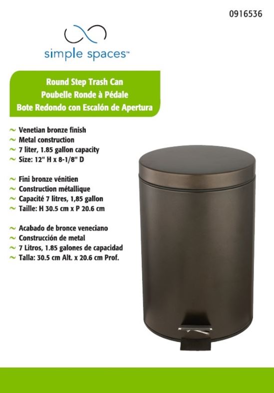 Simple Spaces LYP0701 Trash Can, 1.85 gal Capacity, Plastic/Stainless Steel/Steel, Venetian Bronze, Flat Lid Closure - VORG0916536