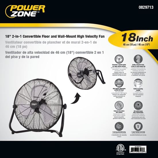 PowerZone LF-18 Floor Fan, 120 VAC, 18 in Dia Blade, 3-Blade, 3-Speed, 360 deg Rotating, Black - VORG0829713