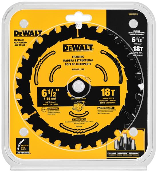 DEWALT DWA161218 Circular Saw Blade, 6-1/2 in Dia, 5/8 in Arbor, 18-Teeth - VORG0802926