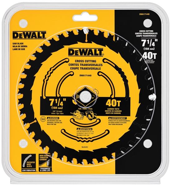 DEWALT DWA171440 Circular Saw Blade, 7-1/4 in Dia, 5/8 in Arbor, 40-Teeth, Tungsten Carbide Cutting Edge, 1/PK - VORG0803031