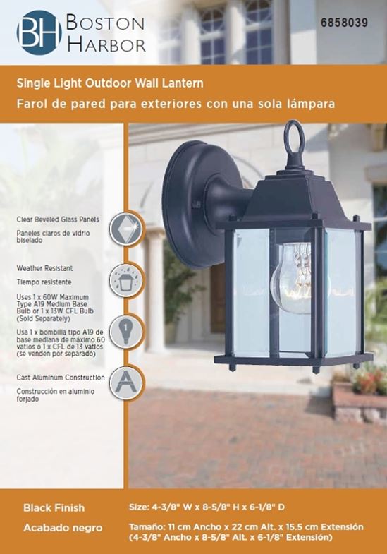 Boston Harbor AL1037-53L Outdoor Wall Lantern, 120 V, 60 W, A19 or CFL Lamp, Aluminum Fixture, Black - VORG6858039