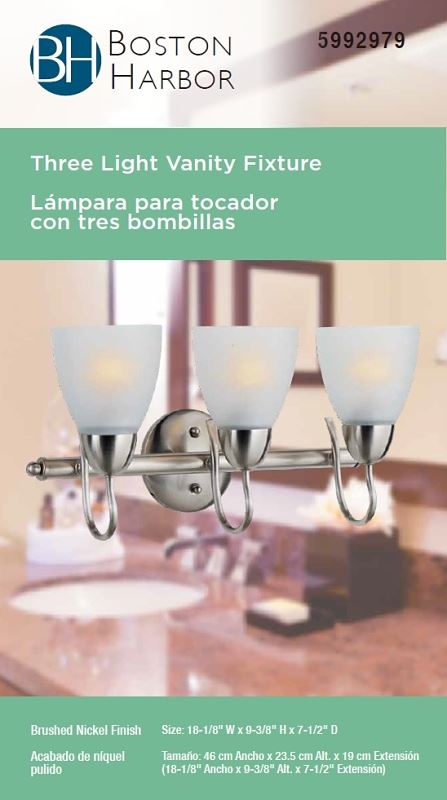 Boston Harbor A2242-93L Vanity Bar Fixture, 60 W, 3-Lamp, A19 or CFL Lamp, Steel Fixture, Brushed Nickel Fixture - VORG5992979