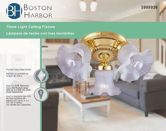 Boston Harbor F6BB03-22013L Ceiling Light Fixture, 0.5 A, 120 V, 60 W, 3-Lamp, A19 or CFL Lamp, Metal Fixture - VORG5988936