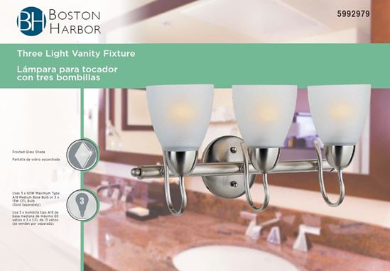 Boston Harbor A2242-93L Vanity Bar Fixture, 60 W, 3-Lamp, A19 or CFL Lamp, Steel Fixture, Brushed Nickel Fixture - VORG5992979