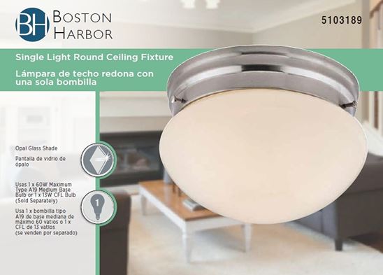 Boston Harbor F13BB01-6854-BN Single Light Round Ceiling Fixture, 120 V, 60 W, 1-Lamp, A19 or CFL Lamp - VORG5103189