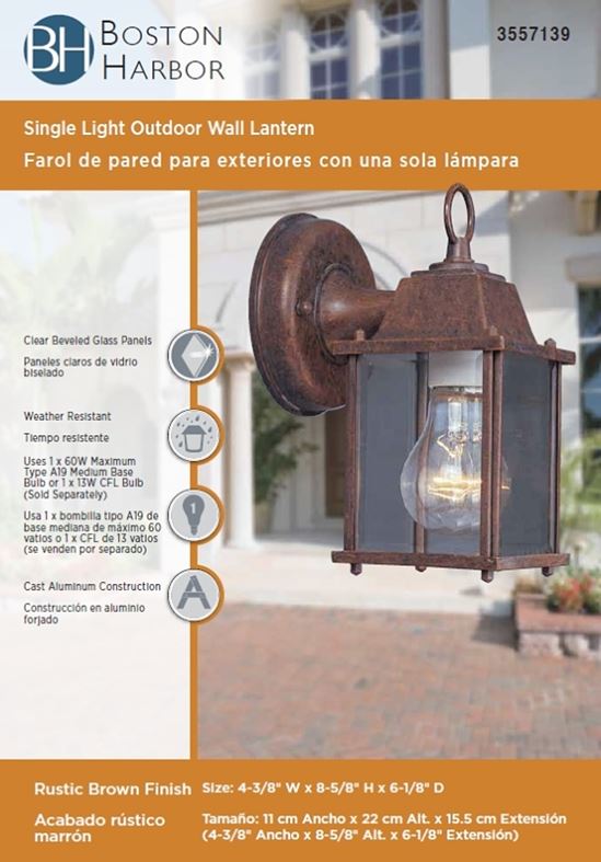 Boston Harbor Outdoor Wall Lantern, 120 V, 60 W, A19 or CFL Lamp, Aluminum Fixture, Rustic Brown - VORG3557139