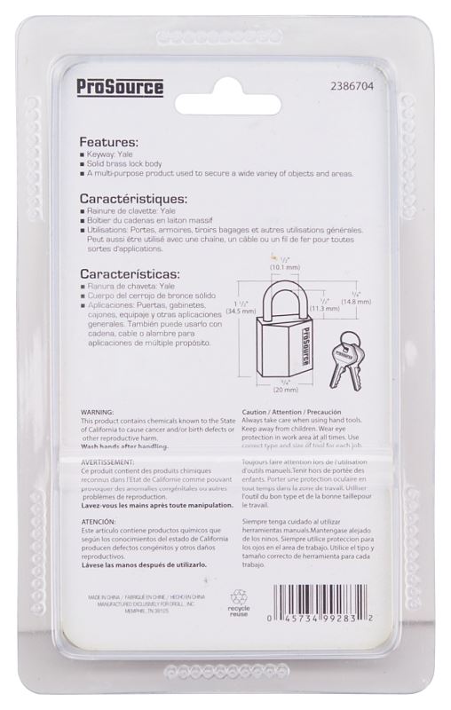 ProSource HD10020-3L Padlock, Standard Shackle, 1/8 in Dia Shackle, 3/4 in H Shackle, Steel Shackle, Brass Body - VORG2386704