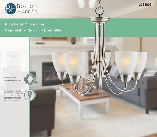 Boston Harbor A2242-6 Chandelier, 120 V, 60 W, 1-Tier, 5-Lamp, A19/CFL Lamp, Metal Fixture - VORG2364008