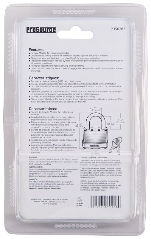 ProSource HD00028-3L Padlock, Standard Shackle, 9/32 in Dia Shackle, 1-1/4 in H Shackle, Steel Shackle, Steel Body - VORG2350262