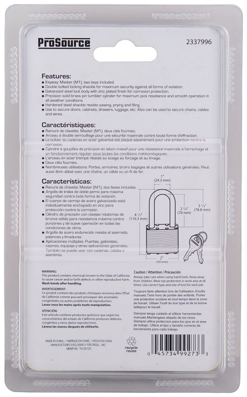 ProSource HD00024L-3L Padlock, Long Shackle, 11/32 in Dia Shackle, 3-1/4 in H Shackle, Steel Shackle, Steel Body - VORG2337996