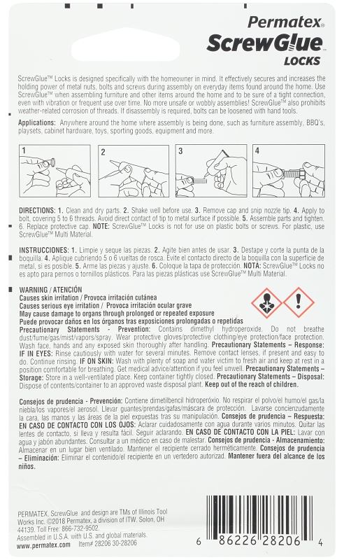 Permatex ScrewGlue 28206 Screw Locking Glue, 0.2 oz, Tube, Liquid, Blue - VORG7210453