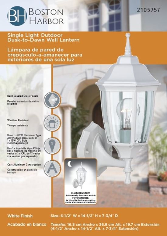 Boston Harbor DTDW Dusk/Dawn Lantern, 60 W, Medium Base Bulb or CFL Bulb(Sold Separately) Lamp, Aluminum Fixture - VORG2105757