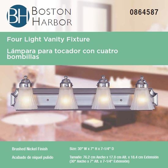 Boston Harbor RF-V-042-BN Vanity Light Fixture, 60 W, 4-Lamp, A19 or CFL Lamp, Steel Fixture, Brushed Nickel Fixture - VORG0864587