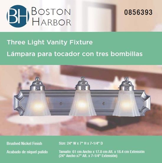 Boston Harbor RF-V-044-BN Vanity Light Fixture, 60 W, 3-Lamp, A19 or CFL Lamp, Steel Fixture, Brushed Nickel Fixture - VORG0856393