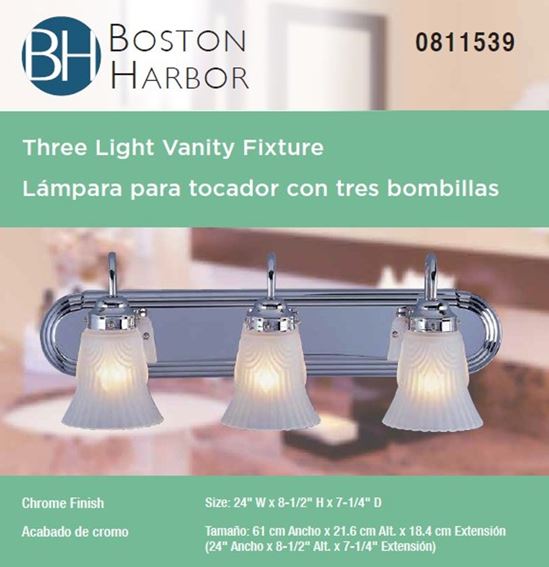 Boston Harbor RF-V-028-CH Vanity Light Fixture, 60 W, 3-Lamp, A19 or CFL Lamp, Steel Fixture, Chrome Fixture - VORG0811539