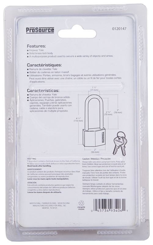 ProSource HD-250DLS Padlock, Long Shackle, 5/16 in Dia Shackle, 3 in H Shackle, Steel Shackle, Brass Body, Solid Brass - VORG0120147