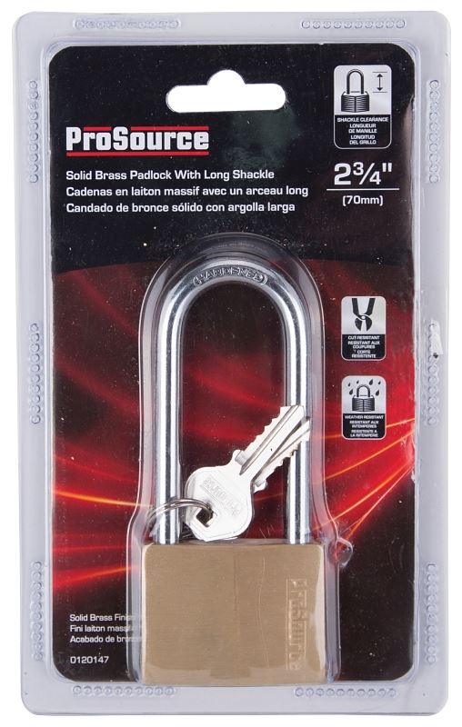 ProSource HD-250DLS Padlock, Long Shackle, 5/16 in Dia Shackle, 3 in H Shackle, Steel Shackle, Brass Body, Solid Brass - VORG0120147