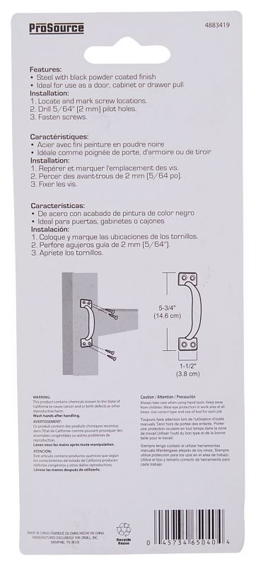 ProSource 20911PKB-PS Door Pull, 1-1/2 in W, 5-3/4 in D, 1-3/8 in H, Steel, Black - VORG4883419