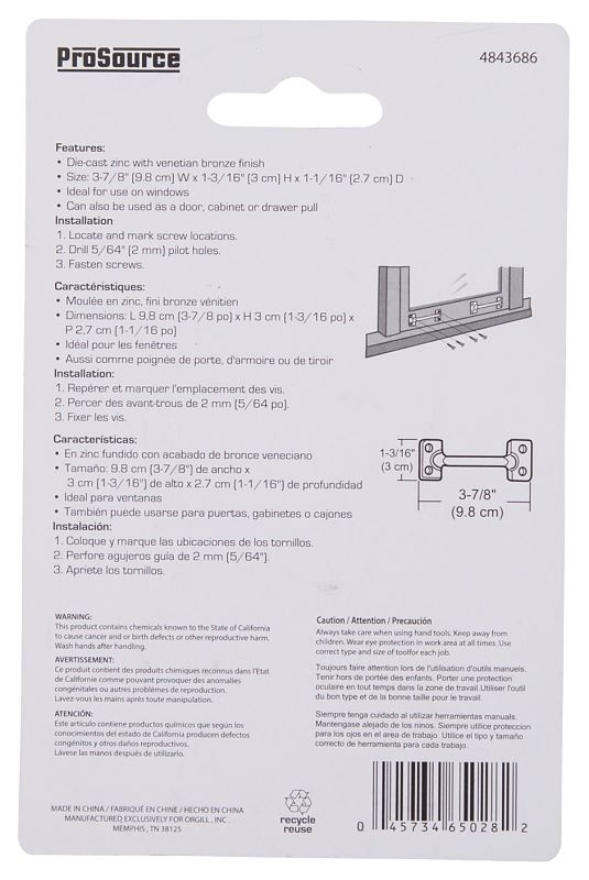 ProSource 20902PWH-PS Sash Lift, 3-7/8 in L Handle, Die-Cast Zinc, Venetian Bronze - VORG4843686