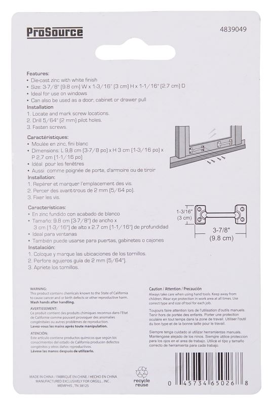 ProSource 20902PHB-PS Sash Lift, 3-7/8 in L Handle, Zinc, White - VORG4839049