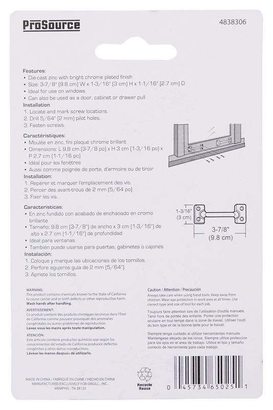 ProSource 20902CHB-PS Sash Lift, 3-7/8 in L Handle, Zinc, Chrome - VORG4838306