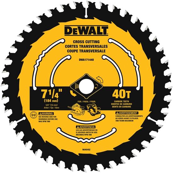 DeWALT DWA171440 Circular Saw Blade, 7-1/4 in Dia, 5/8 in Arbor, 40-Teeth, Tungsten Carbide Cutting Edge, 1/PK