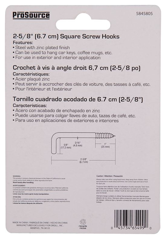 ProSource LR-396-PS Screw Hook, 5/8 in Opening, 5.3 mm Thread, 2-5/8 in L, Steel, Zinc - VORG5845805