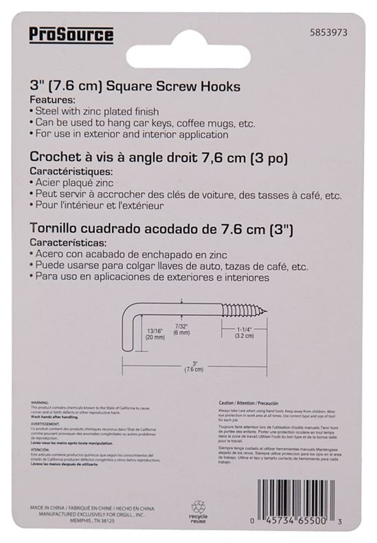 ProSource LR-395-PS Screw Hook, 13/16 in Opening, 6.5 mm Thread, 3 in L, Steel, Zinc - VORG5853973